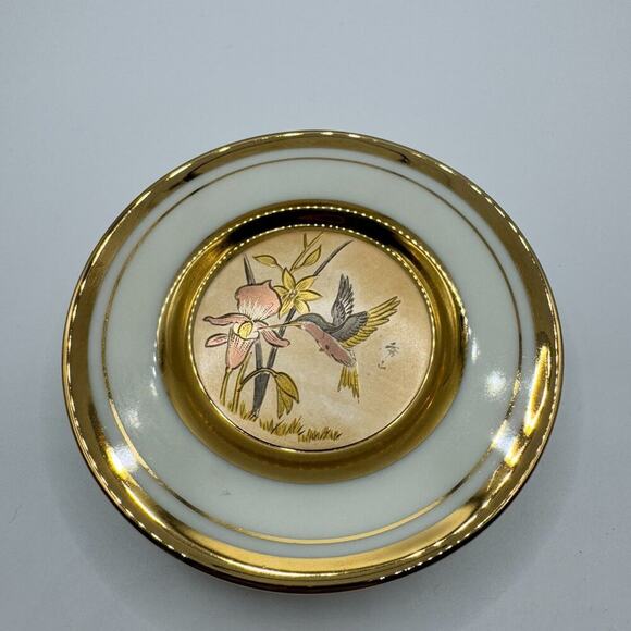 ART OF CHOKIN saucer Hummingbird and Flowers Dynasty Gallery Original 24K Gold - Picture 1 of 5